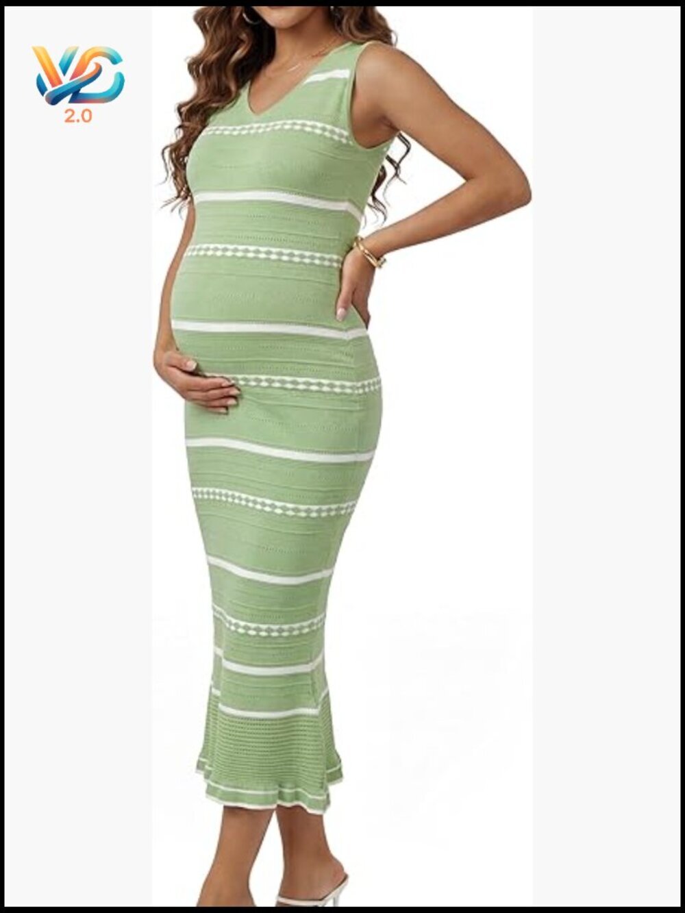 Sleeveless Maternity Midi Bodycon Dress Striped Stretchy Flattering V-Neck